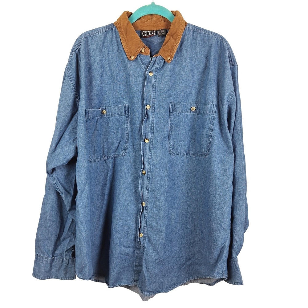 Citi Express Mens XL Denim Shirt Two Tone Vintage 90's Workwear Long Sleeve